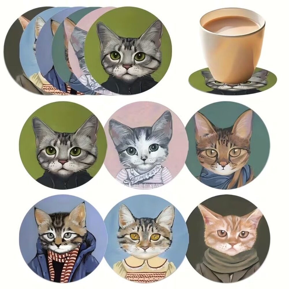 Cutie Preppy Cats (6 Pc) Wooden Coaster‎ Set (BRAND-NEW & SO VERY CUTE!)